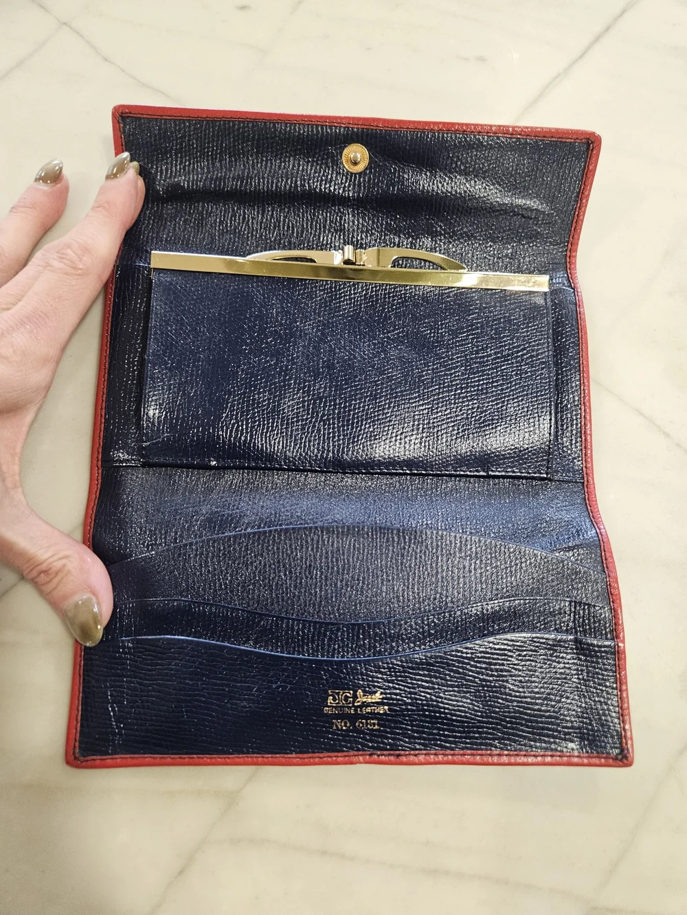 Vintage 1970s St. Thomas Genuine Leather Flap Wallet | Dark Navy & Red Piping